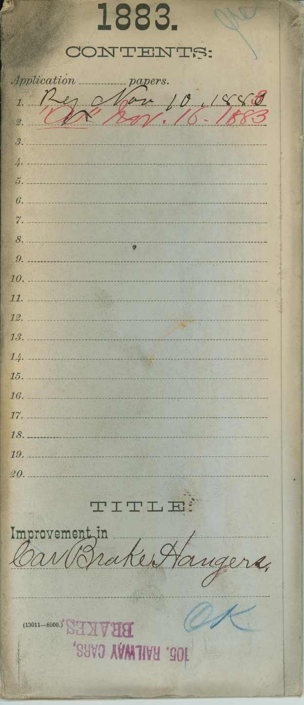 Offenes Buch mit einer 1883er Liste von Verbesserungen für Bremsen's Eisenbahnwagen.