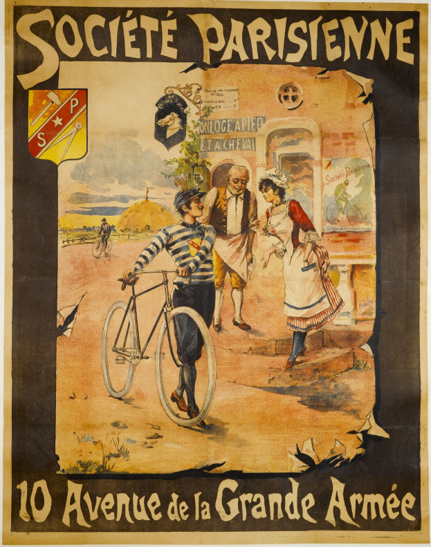 Plakat für einen Fahrradwettbewerb in Paris, Frankreich, mit einer Gruppe von Menschen, von denen einer ein Fahrrad hält, einem Gebäude im Hintergrund und Text, der das Ereignis beschreibt.