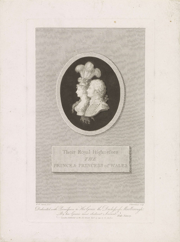 Schwarzes und weißes Bild eines Papiers mit einem Foto des Prinzen und der Prinzessin von Wales sowie Text.