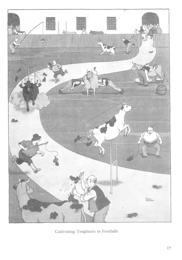 Schwarze und weiße Zeichnung von Menschen und Tieren in einem Feld mit einer Wand und Fenstern im Hintergrund, mit dem Text "Züchten von Härte in Füßbällen" unten.