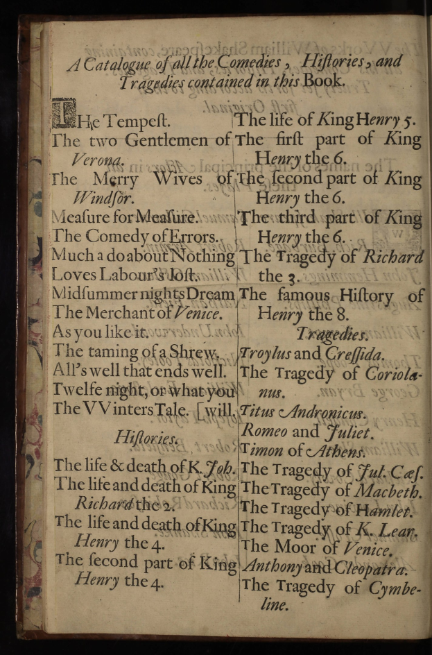 Offenes Buch mit schwarzem Hintergrund, das eine dekorative Liste von Komödien, Historiendramen und Tragödien in Kursivschrift zeigt, eingerahmt von einem verzierten Design.