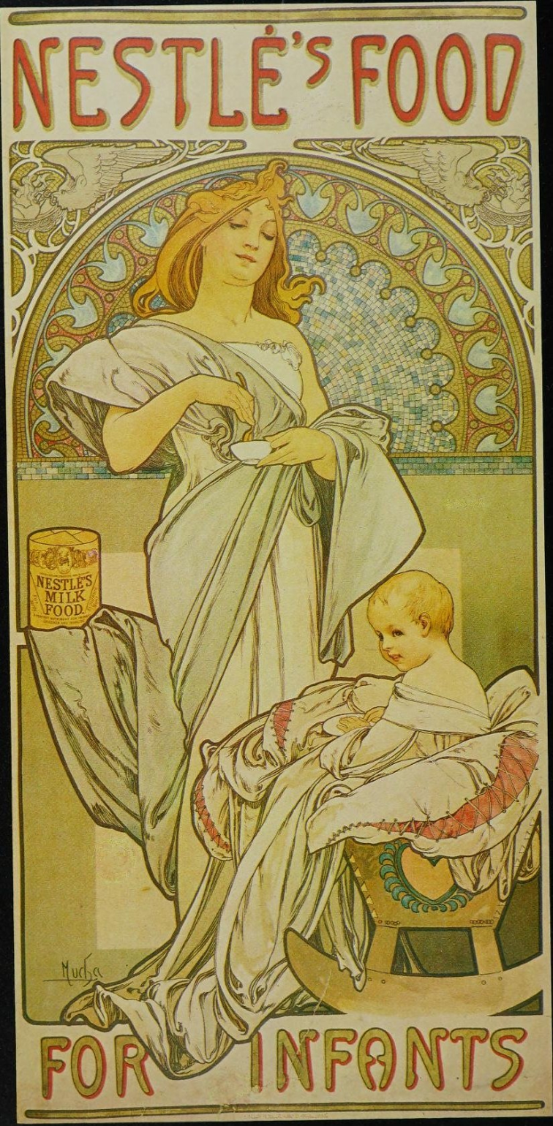 Plakat, das Nestlés Babynahrung anpreist, zeigt eine Frau, die ein Baby hält, mit Text, der das Produkt und seine Vorteile beschreibt.