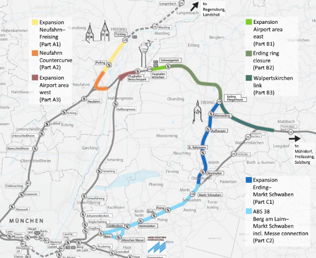 Eine detaillierte Karte einer Stadt mit einer hervorgehobenen Zugroute von München nach Frankfurt, einschließlich Haltestellen und Umgebung, mit zusätzlichen Zuginformationen.