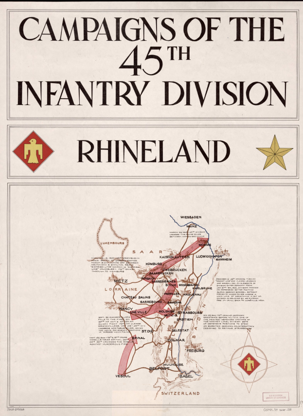 Plakat mit einer Karte und Text, der die Kampagnen der 45. Infanteriedivision in Rheinland zeigt, mit farbigen Divisionen und Datumsangaben.