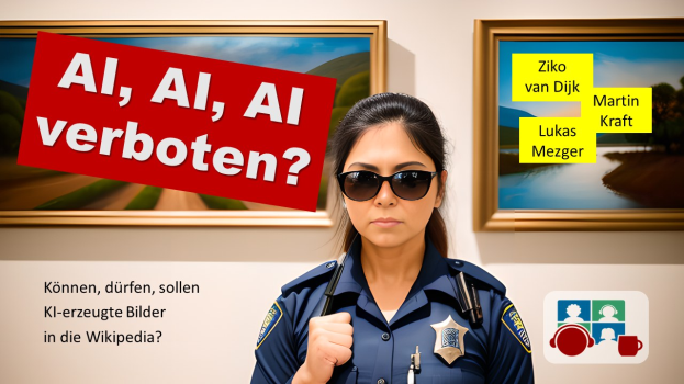 Eine Frau in einer Polizeiuniform und Sonnenbrille steht vor einer Wand mit zwei Fotorahmen, während bearbeiteter Text auf der linken Seite erscheint.