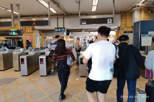 Eine Gruppe von Menschen geht durch einen Bahnhof, einige tragen Taschen, mit Metalldetektoren, Hinweisschildern, Metallstangen und einer Decke mit Lampen an der Decke und einem Wasserzeichen im rechten unteren Eck.