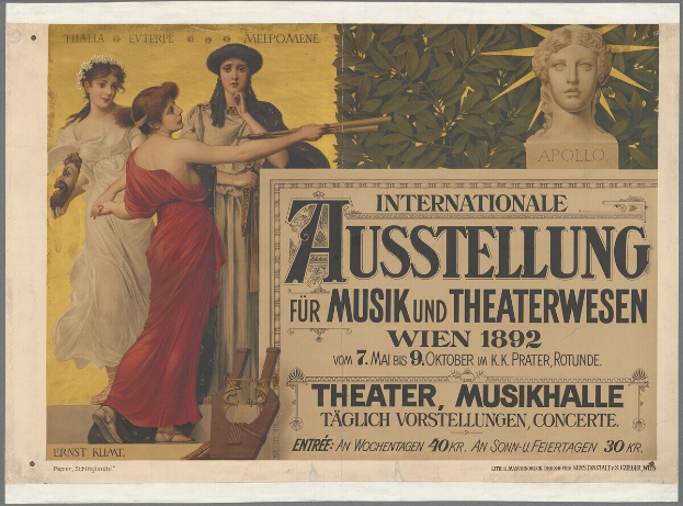 Plakat für die Internationale Ausstellung für Musik und Theaterwesen in Wien, Österreich, das eine Gruppe von Menschen in einem Kreis mit einer Frau, die ein Musikinstrument hält, in der Mitte zeigt und Text, der Einzelheiten des Ereignisses angibt.
