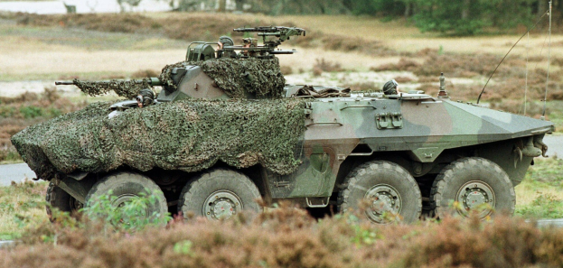 Militärisches Personalfahrzeug mit montierter großer Kanone, das auf einer Straße neben einem Wald fährt.