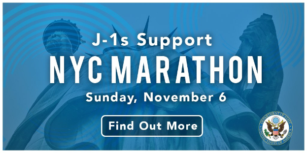Plakat zur Unterstützung von J-1-Visa für den New York City Marathon am Sonntag, den 6. November, mit dem Logo des Ereignisses.