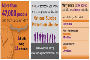 Ein Plakat mit einer Uhr auf der linken Seite und Text auf der rechten Seite, der "Nationalen Selbstmordpräventionshotline" und die Anzahl der Suizidtode im Jahr 2017 anzeigt.