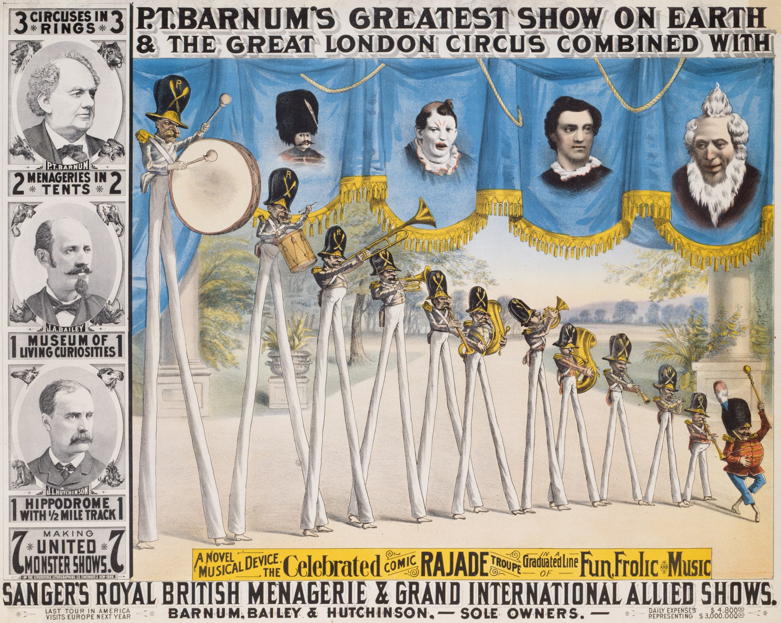Plakat für den Großen Londoner Zirkus, das Künstler mit Musikinstrumenten vor einem Baum- und Himmel-Hintergrund zeigt, mit Text.