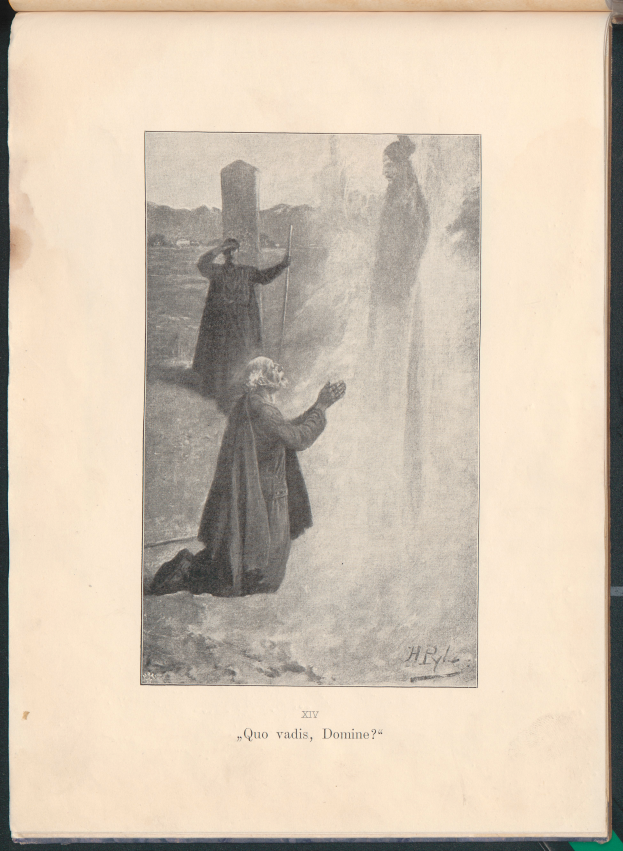 Ein altes Buch mit einer Zeichnung eines Mannes in einem langen Gewand, der entschlossen vor einem Wasserfall steht, mit sichtbarem Text auf der Seite.