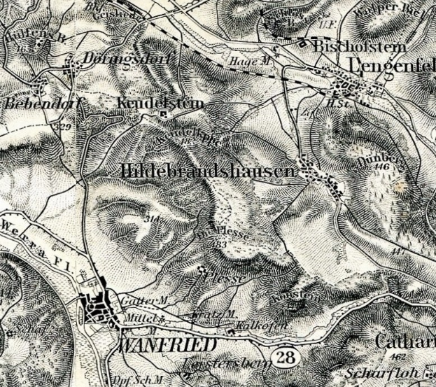 Alte detaillierte Karte von Wannfried, Deutschland, zeigt Straßen, Gebäude und andere Merkmale mit Textanmerkungen.