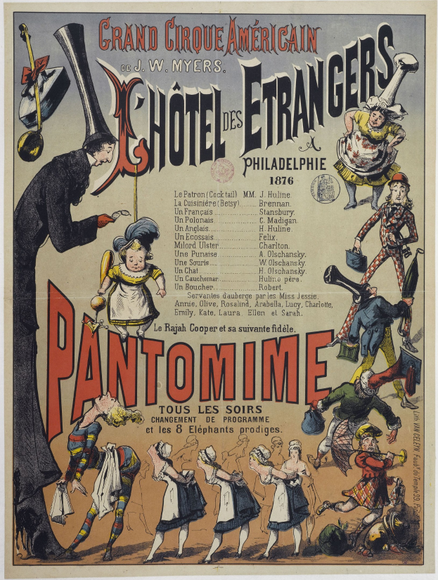 Altes Zirkuspapier aus Philadelphia, das ein Pantomimen-Spiel ankündigt, mit Performern in bunten Kostümen und fetter Schrift.