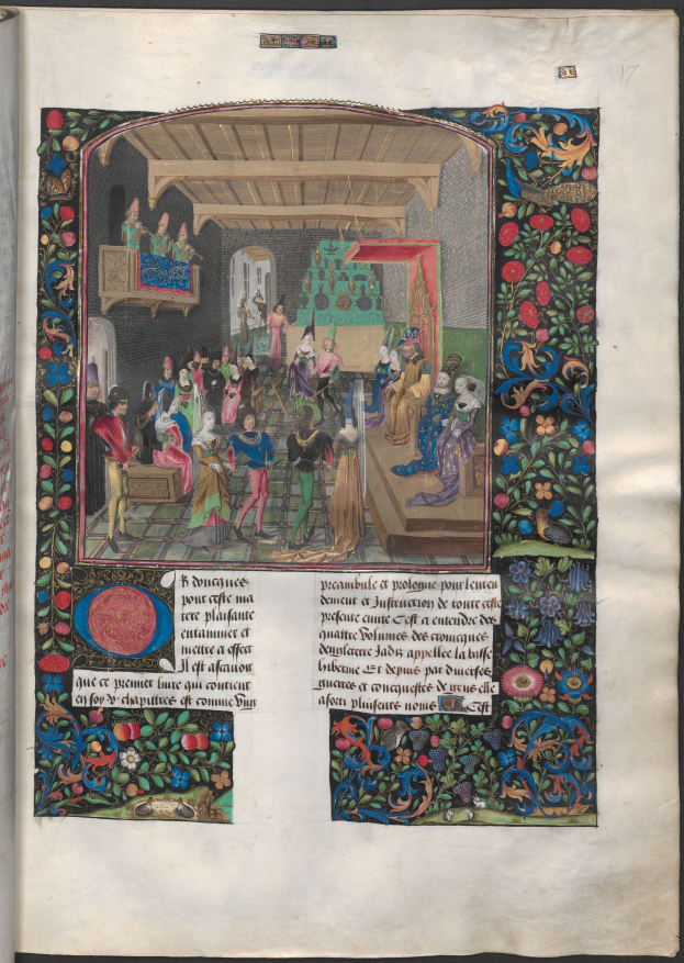 Ein aufgeschlagenes Buch mit einer illuminierten mittelalterlichen Handschrift in leuchtenden Farben, detaillierten Verzierungen und einer lebendigen Szene von Menschen in einer Unterhaltung.