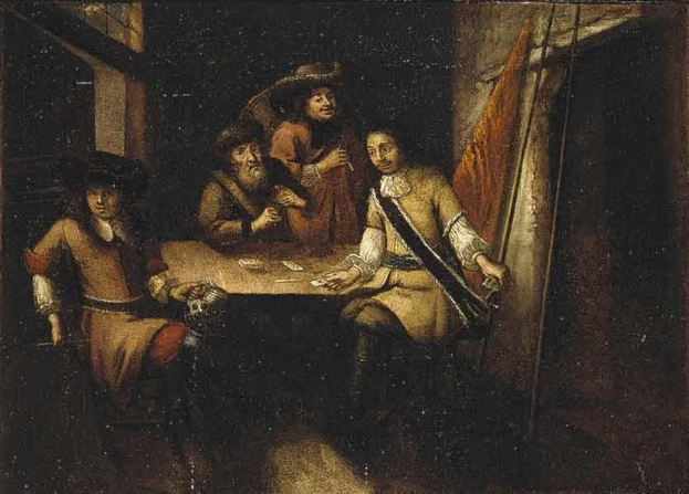 Gemälde mit dem Titel "Das Kartenspiel" von Rembrandt van Rijn, das eine Gruppe von Menschen beim Kartenspielen an einem Tisch in einer Schenke zeigt, mit einem Vorhang und einem Fenster auf der rechten Seite.