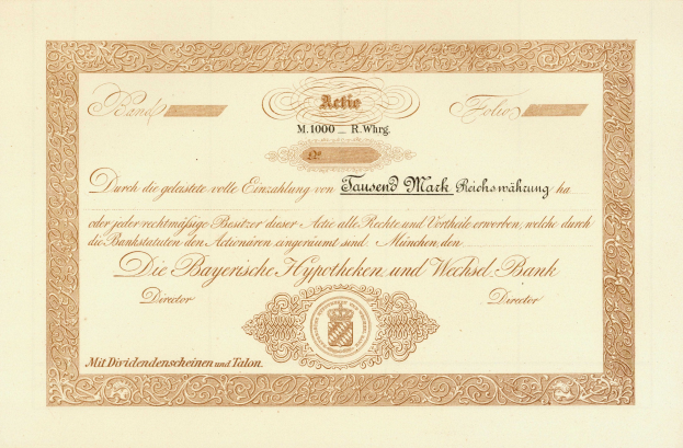 Altes Aktienzertifikat mit goldenem Rand, das ein Männerporträt und Text zeigt.