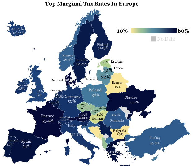 Eine Europakarte, die die höchsten Steuersätze pro Land anzeigt, mit der Überschrift "Höchste Steuersätze in Europa".