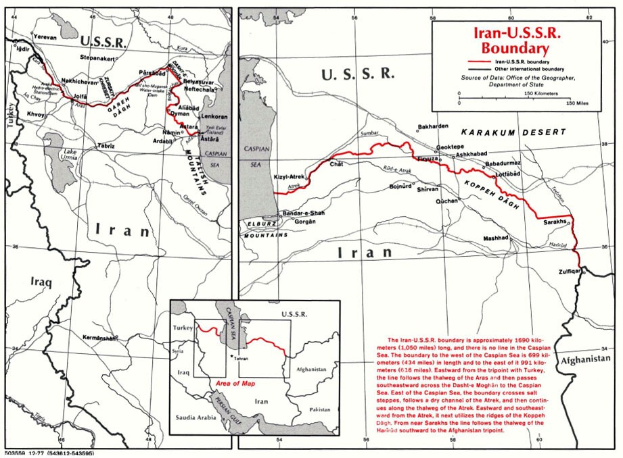 Detailierte Plakatkarte der iranisch-sowjetischen Grenze mit geografischen Merkmalen, Ländern und Grenzinformationen.