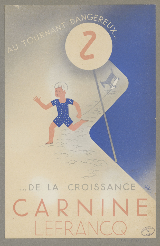 Ein Karnevalplakat in Frankreich mit einer Person in einem hellgelben Kleid, die fröhlich lächelt, und schwarzer, fetter Schrift, die "Karneval" darum herum lautet.