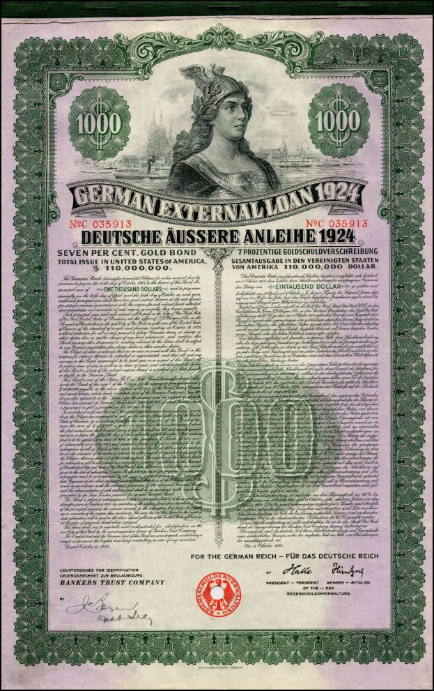 Deutsches Auslandsdarlehen-Zertifikat aus dem Jahr 1924 mit einem Porträt einer Frau, bedruckt mit Text und numerischen Denominationen auf altem Papier.
