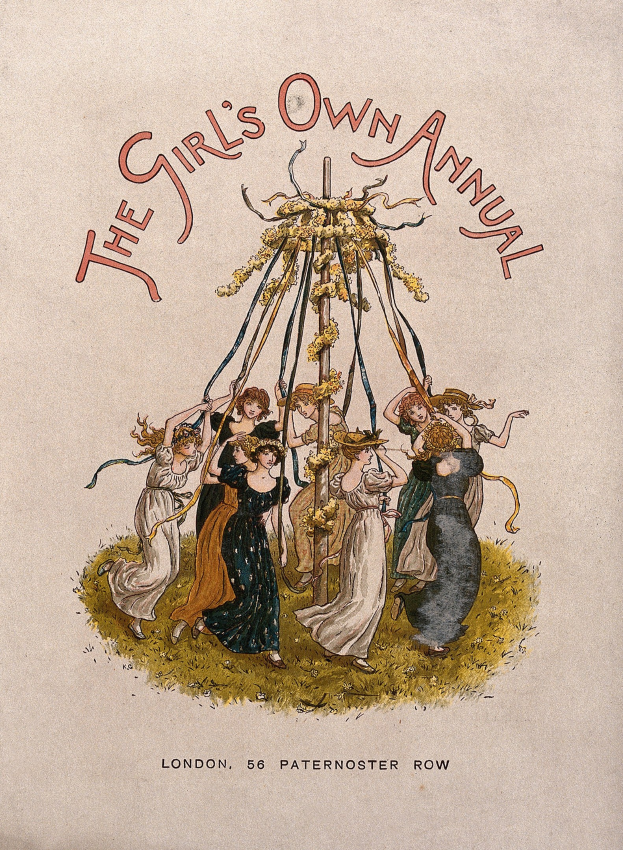 Eine Schwarz-Weiß-Illustration aus 'The Girl's Own Annual', die eine Gruppe von Menschen in bunten Kleidern beim Tanzen um einen mit Bändern geschmückten Maibaum zeigt.