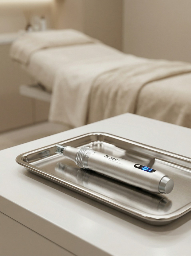 Steriles Microneedling-Instrument auf einem Tablett in einem professionell eingerichteten Kosmetikstudio.