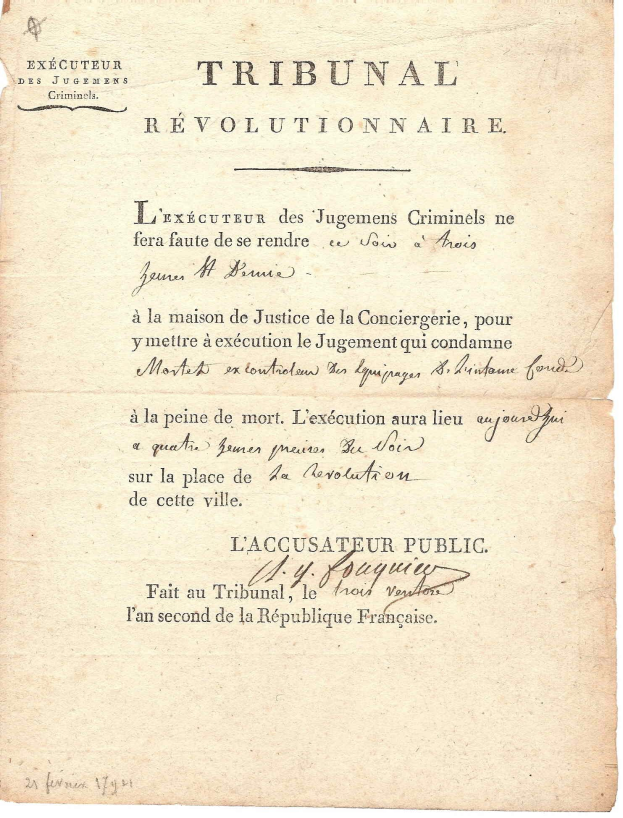 Gelbes juristisches Dokument mit der Überschrift 'Tribunal Révolutionnaire', das Urteilsverkündungen in Frankreich detailliert, geschrieben in Schreibschrift.