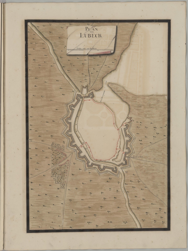 Ein altes Buch mit einer detaillierten Karte von Lübeck, das Straßen, Gebäude und Sehenswürdigkeiten zeigt und historische und kulturelle Informationen über die Stadt enthält.