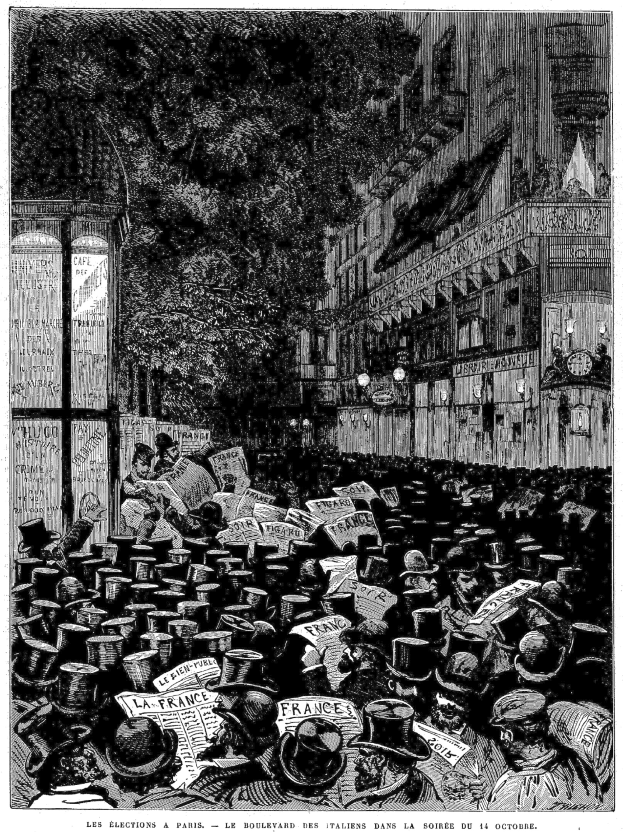 Schwarz-weiß-Illustration einer belebten Pariser Straße mit einem Gebäude auf der rechten Seite und einem Baum im Hintergrund, betitelt "Les élections à Paris, le boulevard des italiens dans la soirée du 16 octobre 1885."