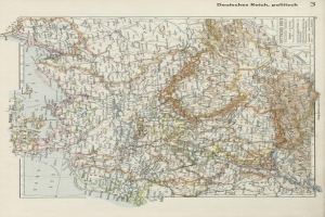 Alte Karte aus dem 19. Jahrhundert, die die politischen Teilungen Deutschlands zeigt, auf altem Papier mit Text oben und unten gedruckt.
