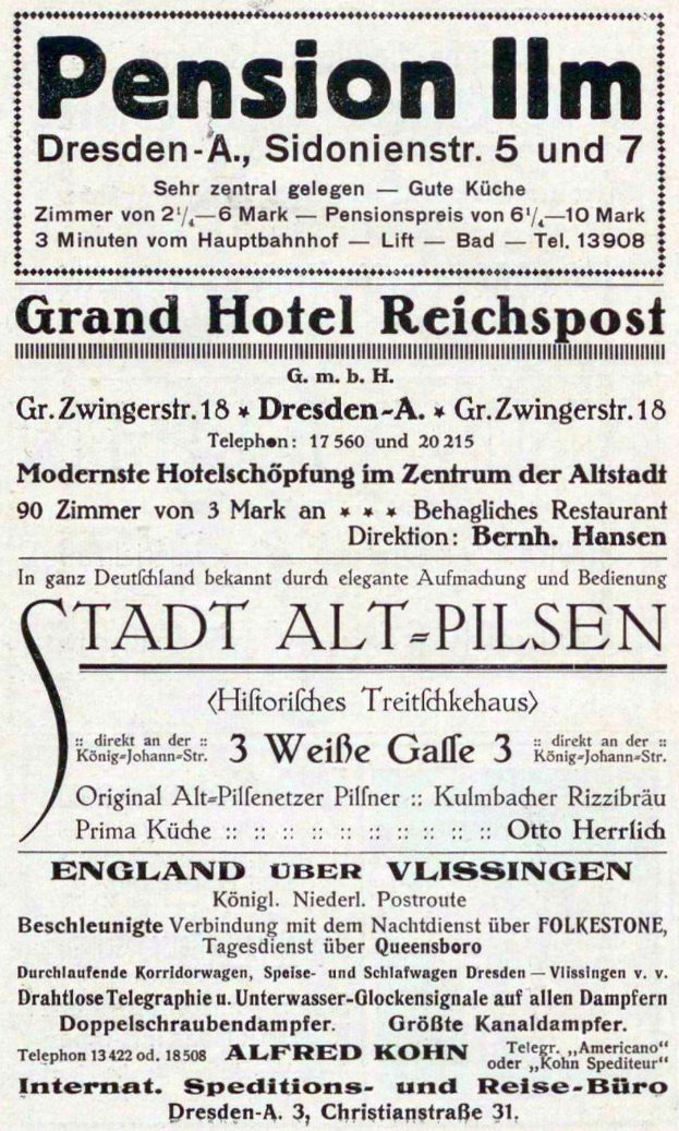 Schwarz-weiß-Anzeige in einer Zeitung für das Pensionshaus in Dresden, Deutschland, mit Text auf weißem Hintergrund.