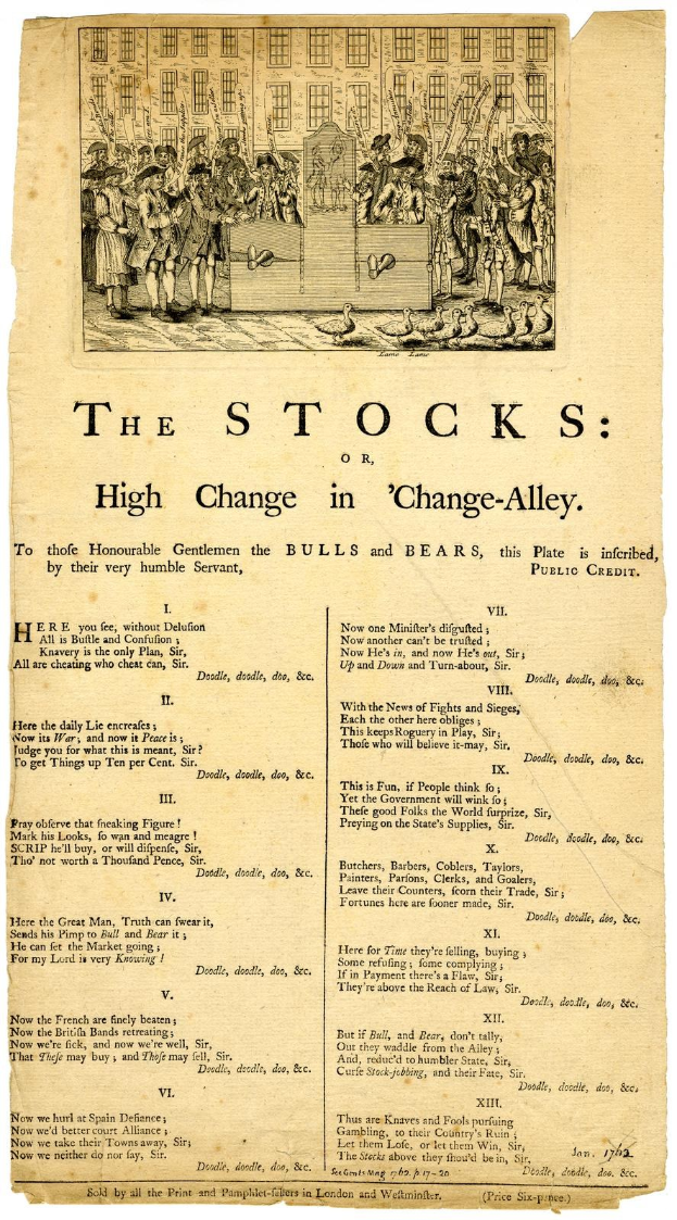 Schwarze-Weiß-Illustration einer verzweifelten Menge vor einem Schild mit der Aufschrift "Die Börse oder hoher Wechsel in Change-Alley", wobei einige ängstlich nach oben und andere verwirrt nach unten schauen.