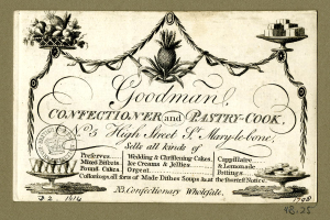 Eine alte Werbung für Goodman's Confiserie und Bäckerei, die Text und Bilder verschiedener Speisen auf Ständern zeigt.